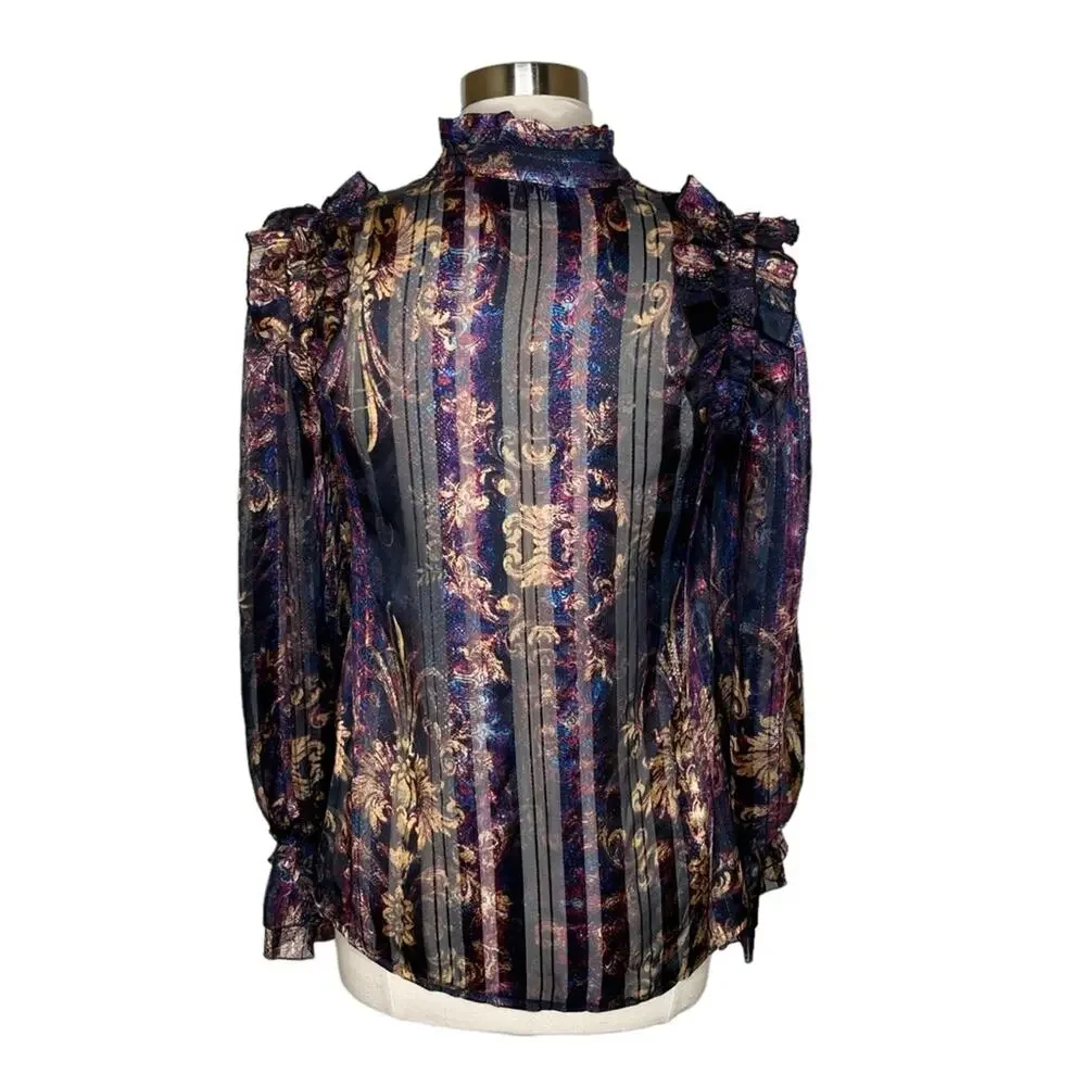 Jeff Gallano Printed Button Front Long Sleeve Sheer Blouse Women's UK 1‎ US 6 8